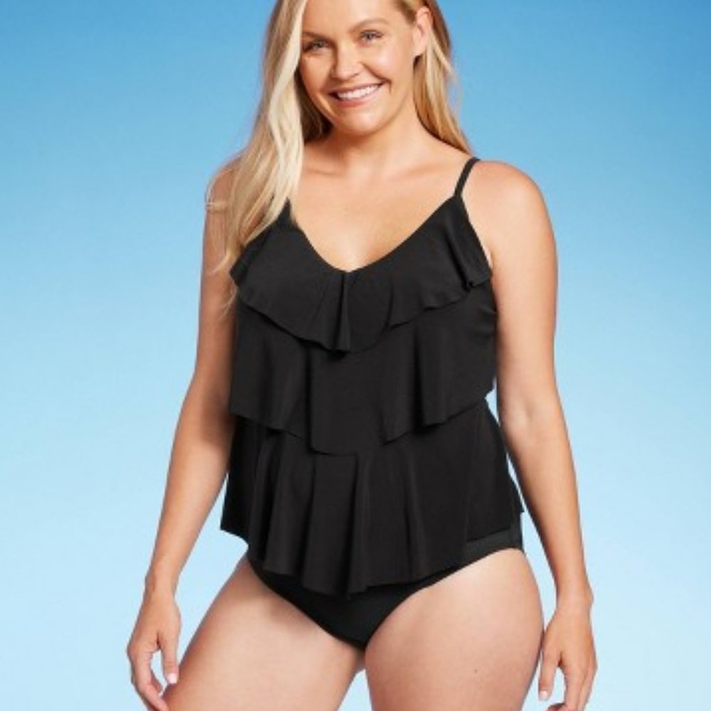 Aqua Green Women's UPF 50 Tiered Tankini Top Black XL New With Tags